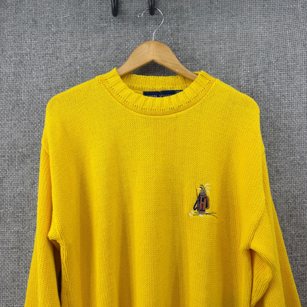 John Weitz Vintage 90s Sweater Mens Large Yellow Golf Bag Embroidered Cotton USA